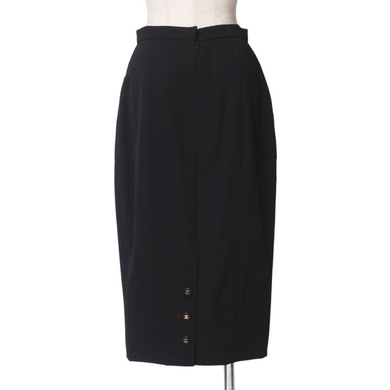 Chanel Skirt Size 38 95A Tight Skirt CC Logo Coco Mark Button Wool Black Made