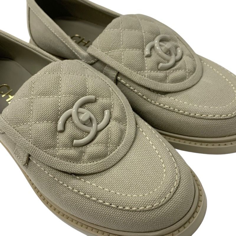 Chanel Loafers Leather Shoes Fabric Beige Here Mark Turn Lock Flat Shoes