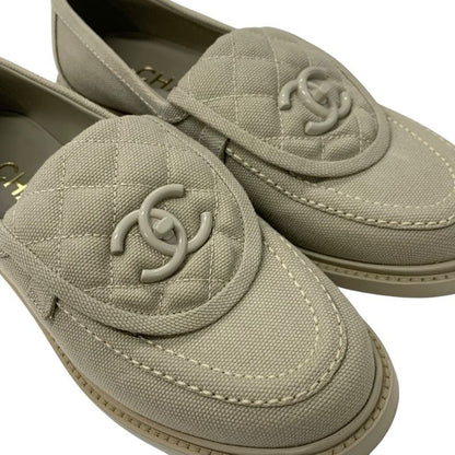Chanel Loafers Leather Shoes Fabric Beige Here Mark Turn Lock Flat Shoes