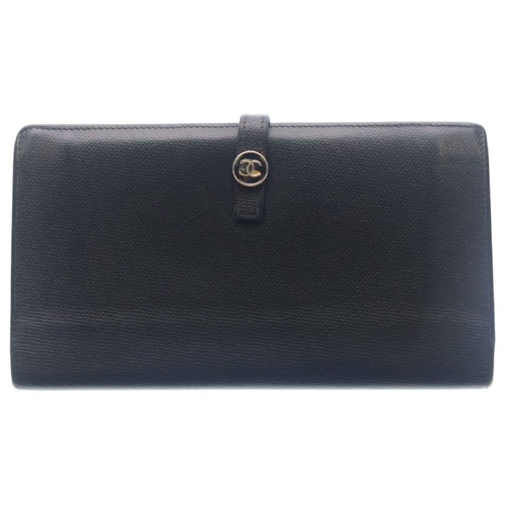 Chanel Coco Button Flap Leather Wallet Bifold Black