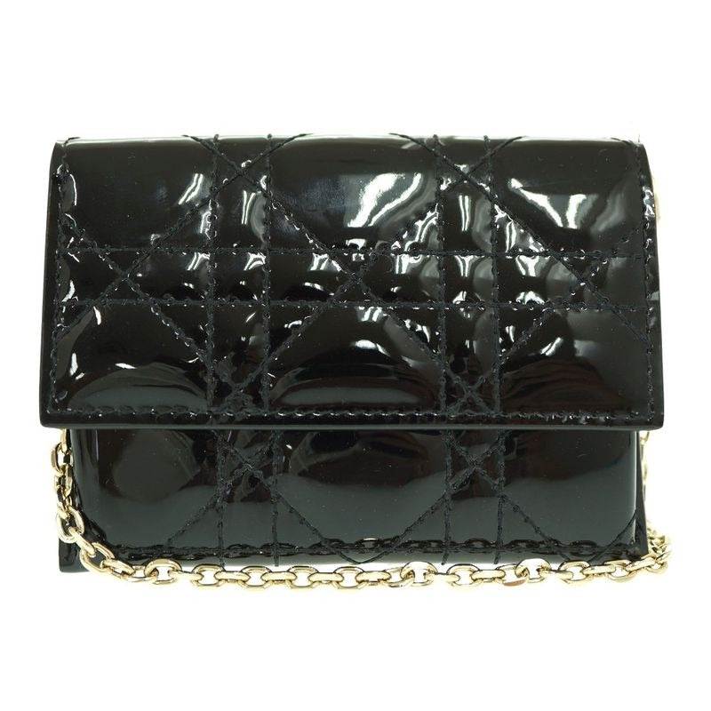 Dior Chain Card Case Coin Wallet Shoulder Bag Patent Leather Black 1443