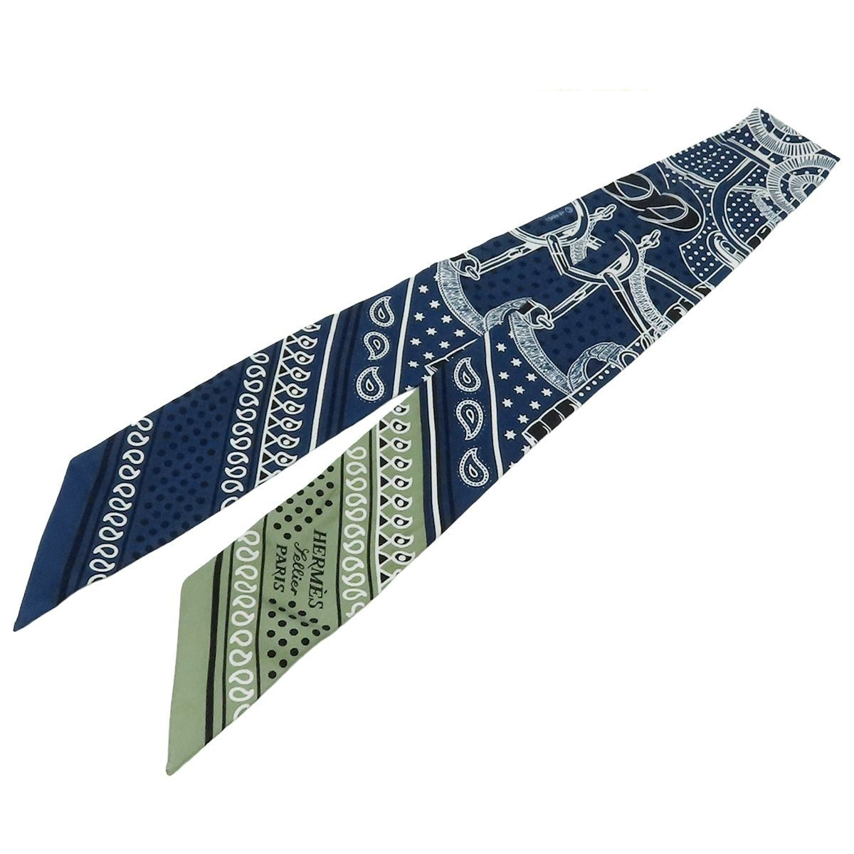 Hermes Twilly Scarf Marine Vert Soji White Silk Apron d'Or Bandana