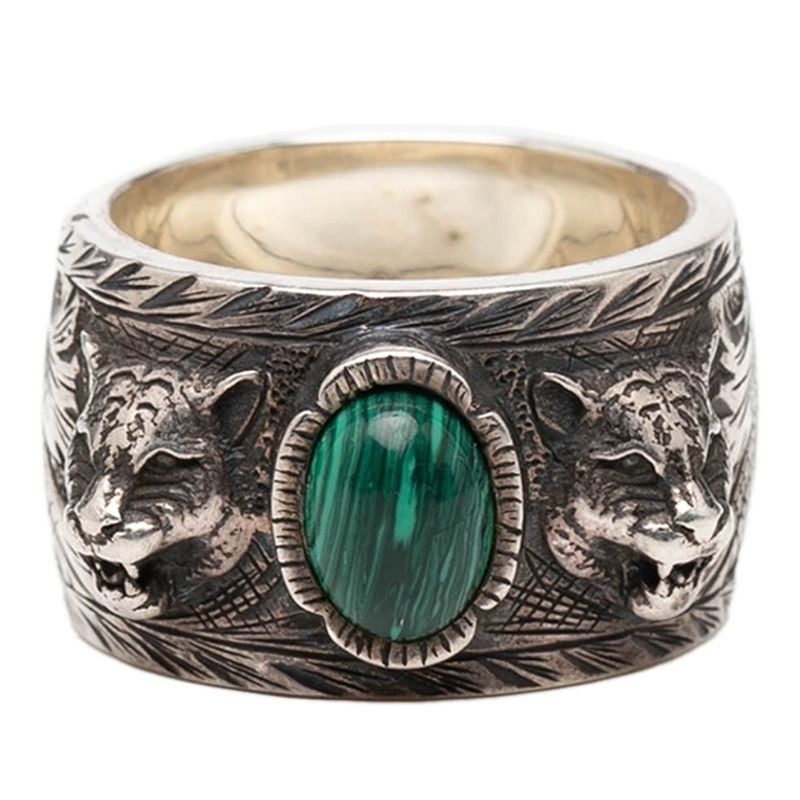 Gucci Taiga Head Garden Ring Silver Green Macalite