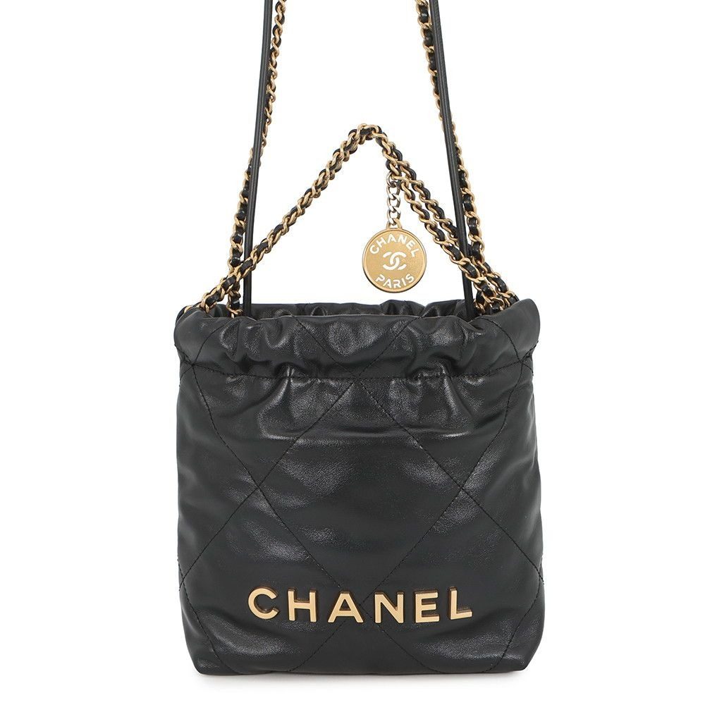 Chanel Handbag Mini CC Logo Shiny Calf Leather 2-Way Black