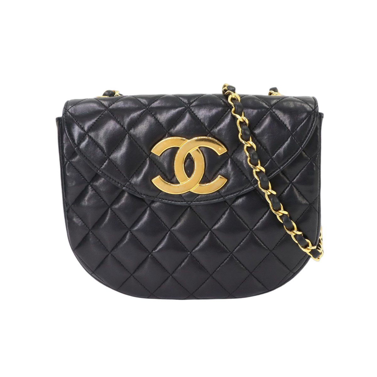 Chanel Jumbo CC Logo Quilted Chain Shoulder Bag Lambskin Black Gold Vintage