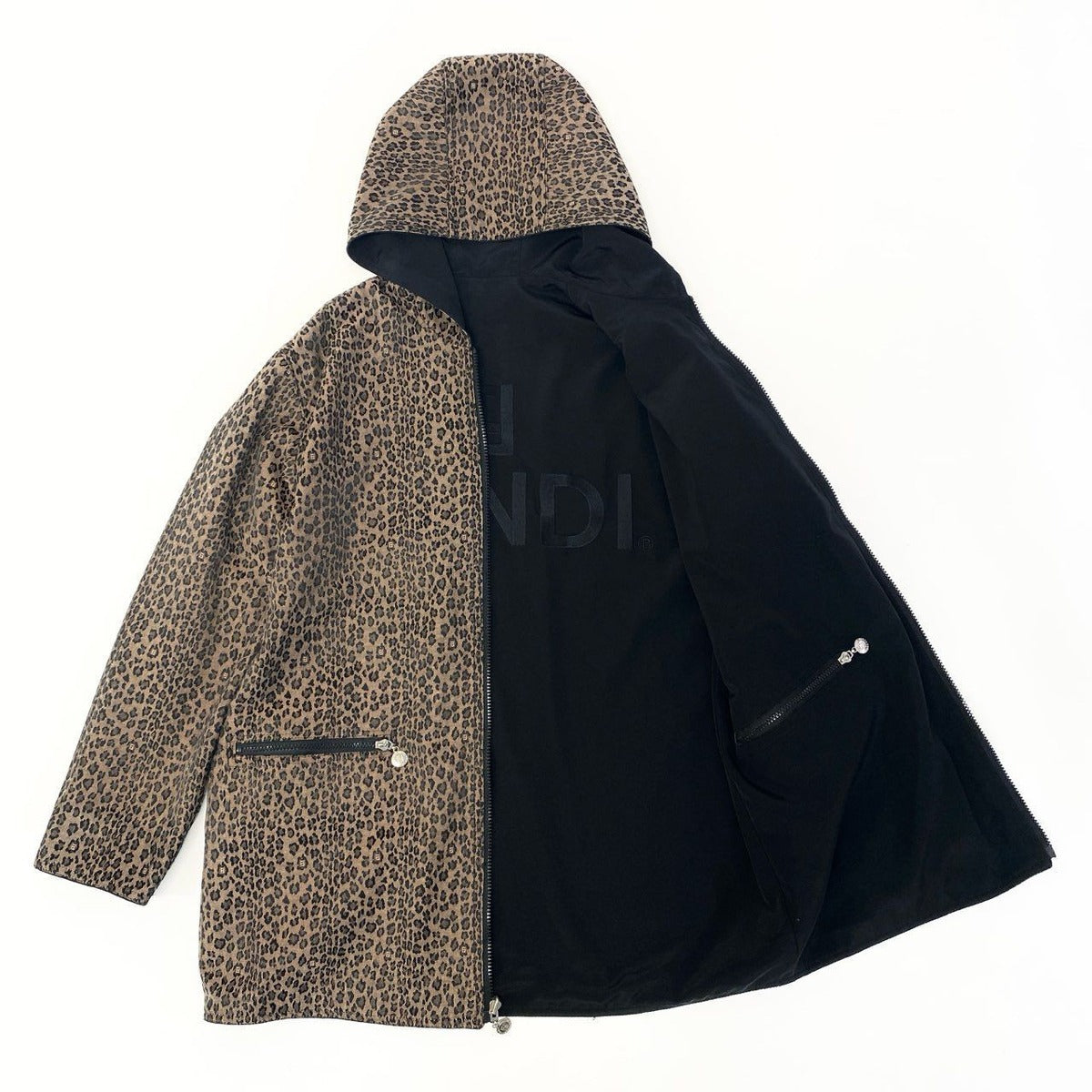 Fendi Ib6 Logo Leopard Pattern Reversible Coat Outer Zip Up Brown — view 4