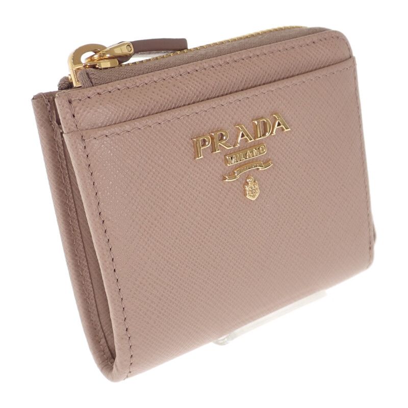 Prada L Shaped Zipper Coin Purse 1ml025 Coin Case Saffiano Cypria Pink Beige