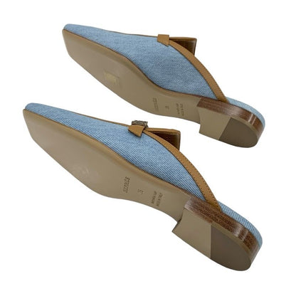 Hermes Groupie Flat Shoes Denim Leather Light Blue Brown Unused Mule Slipper