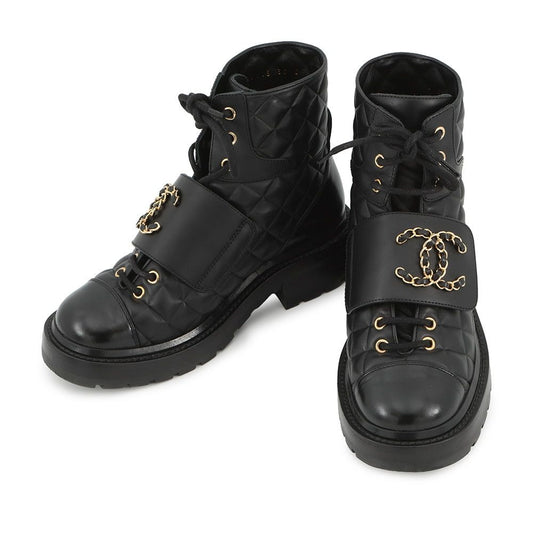 Chanel Short Boots Quilted CC Logo Lace Up Leather 35