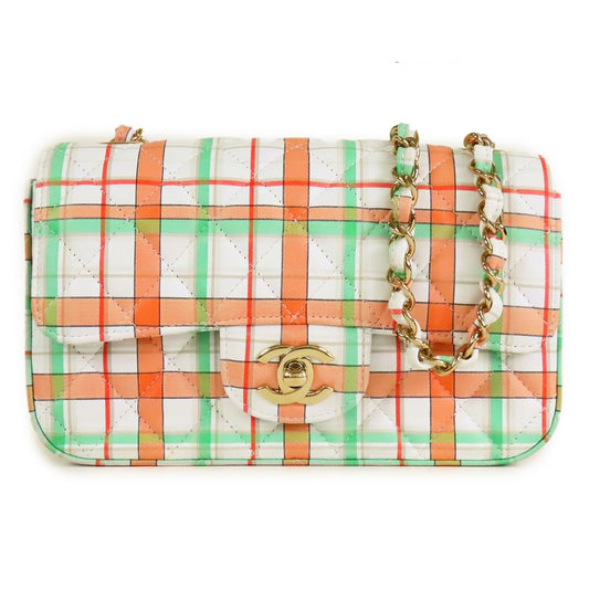 Chanel Single Flap Bag White Orange Green Leather Mini Quilted 20 Plaid Chain