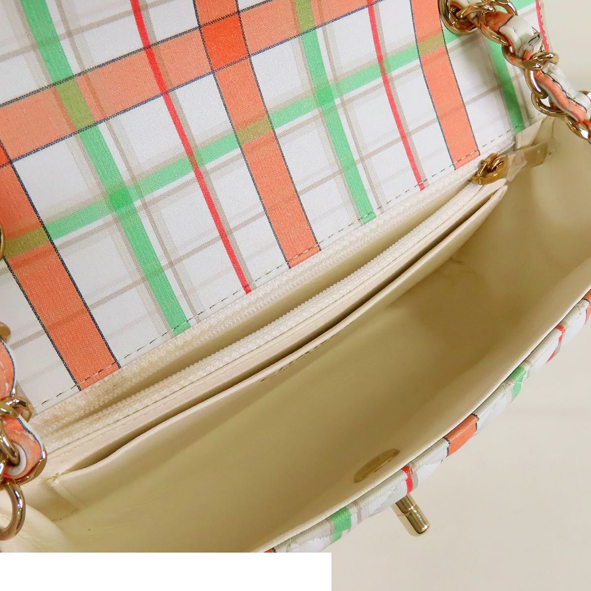Chanel Single Flap Bag White Orange Green Leather Mini Quilted 20 Plaid Chain — view 5