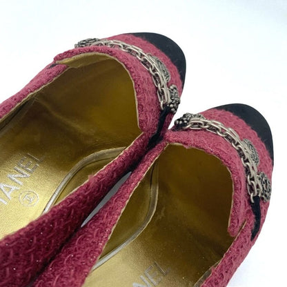 Chanel Flat Shoes Tweed Suede Pink Black Here Mark Chain Charm Opera Shoes