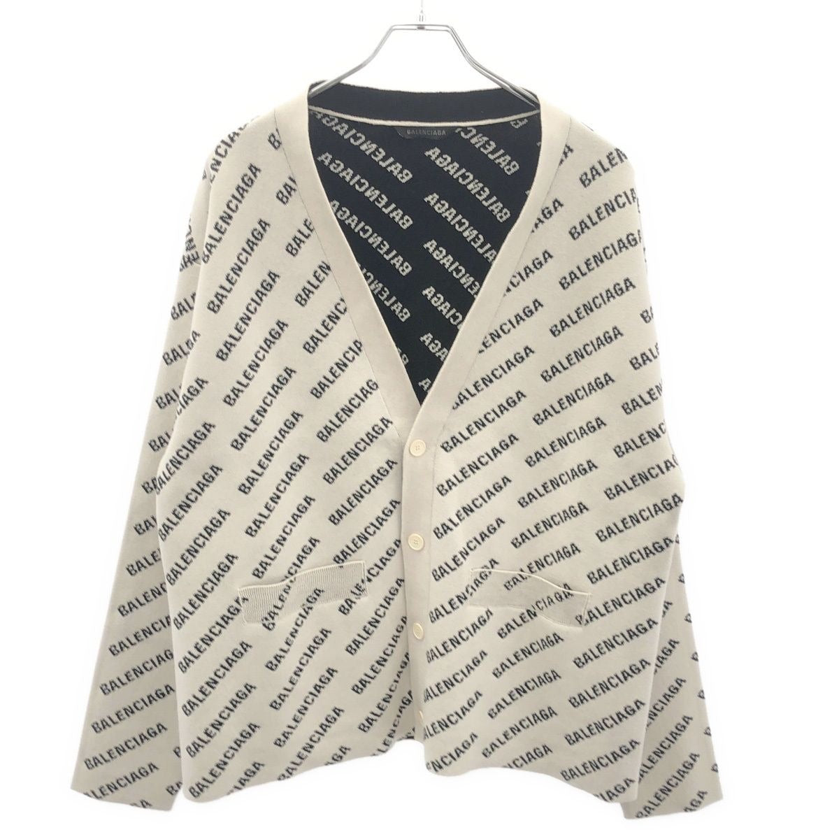 Balenciaga Logo Intarsia Wool Cardigan Ivory L