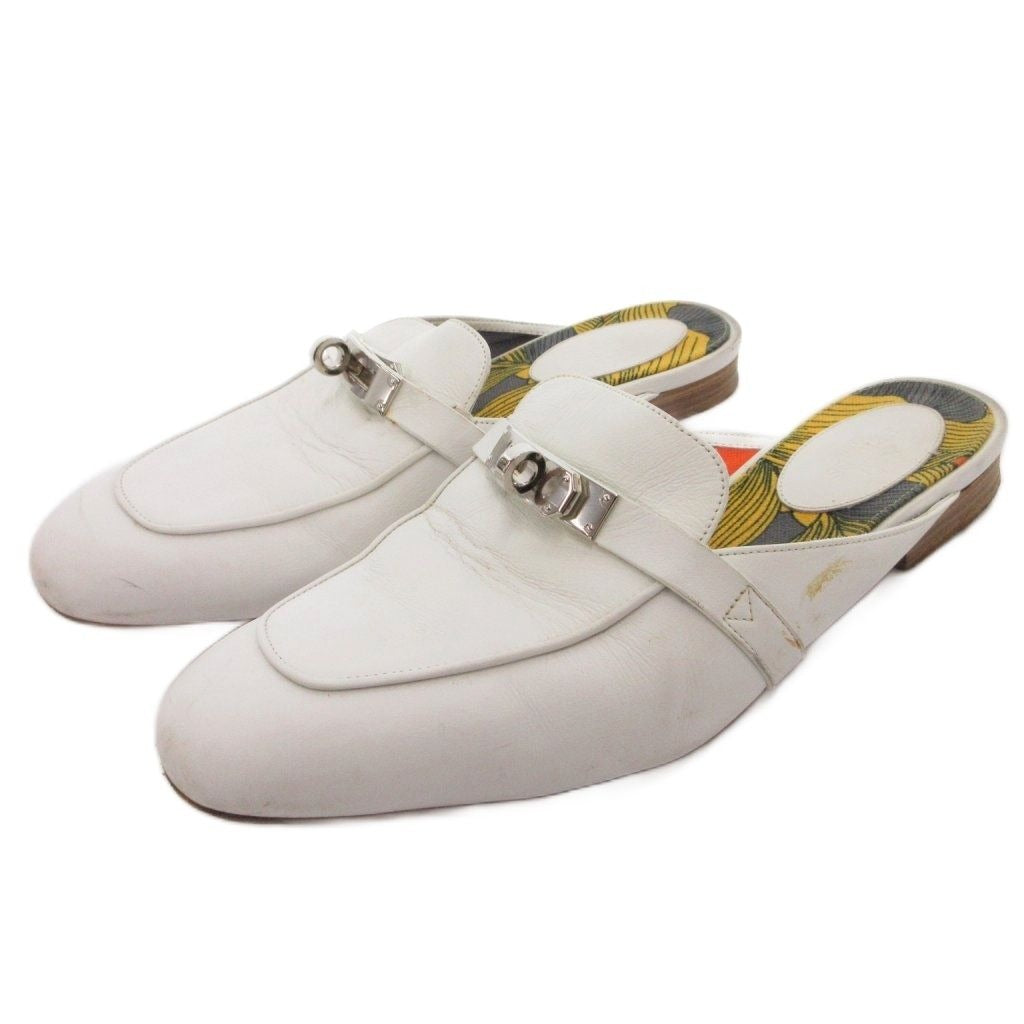 Hermes Oz Sandals Mule Shoes Kelly Buckle 38 White Yellow YJ