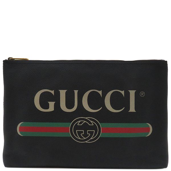 Gucci Clutch Bag Portfolio Leather Black Gold Hardware Logo Print Black 500984