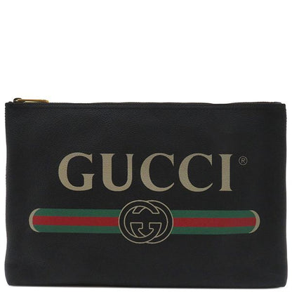 Gucci Clutch Bag Portfolio Leather Black Gold Hardware Logo Print Black 500984