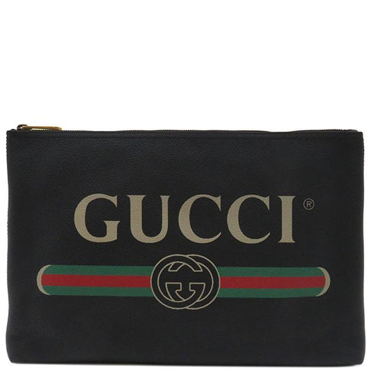 Gucci Clutch Bag Portfolio Leather Black Gold Hardware Logo Print Black 500984