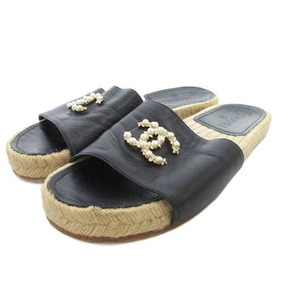 Chanel Espadrille Sandals Coco Marc Pearl Bijoux 38 Black UO GY18