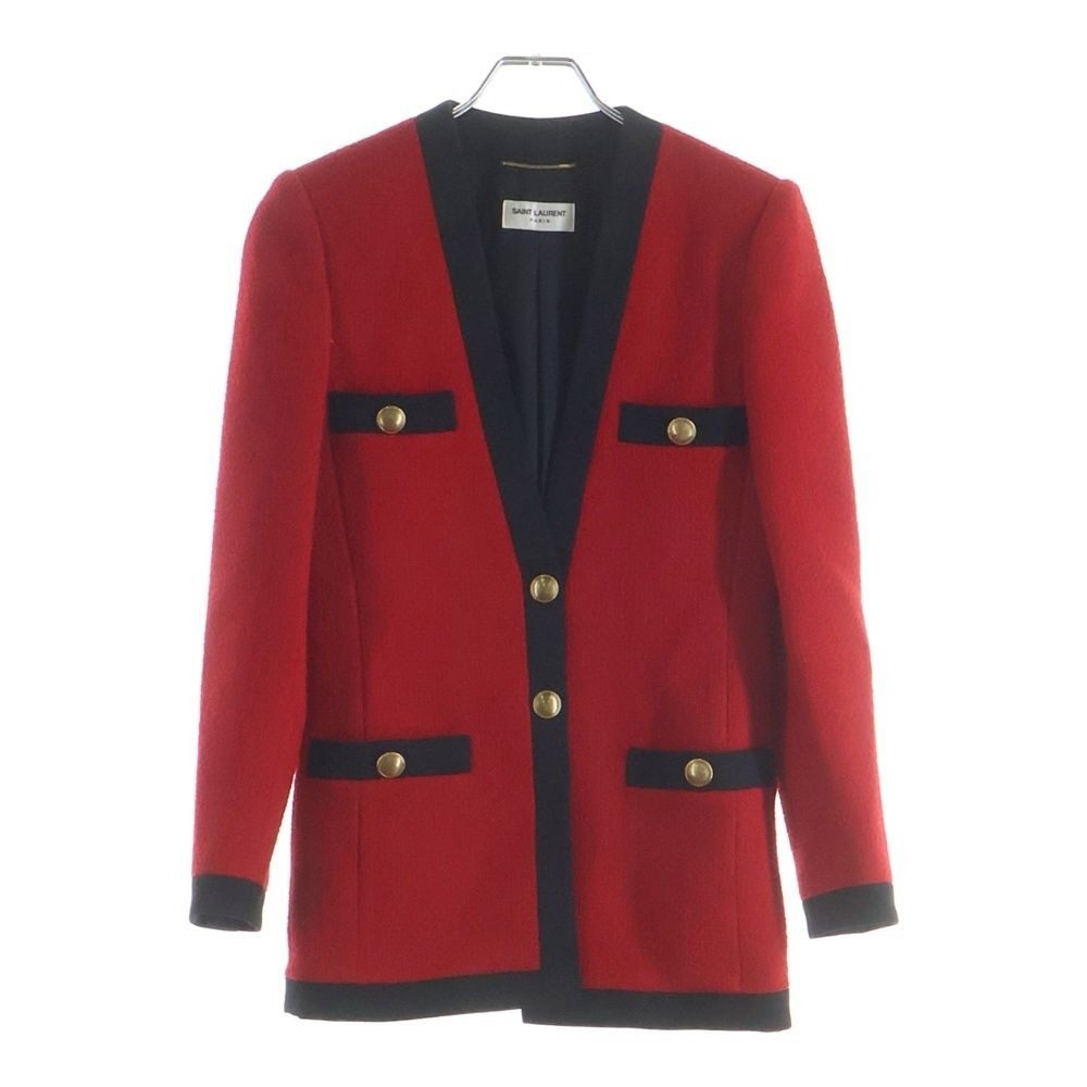 Saint Laurent Paris Tweed Collarless Jacket Red Black