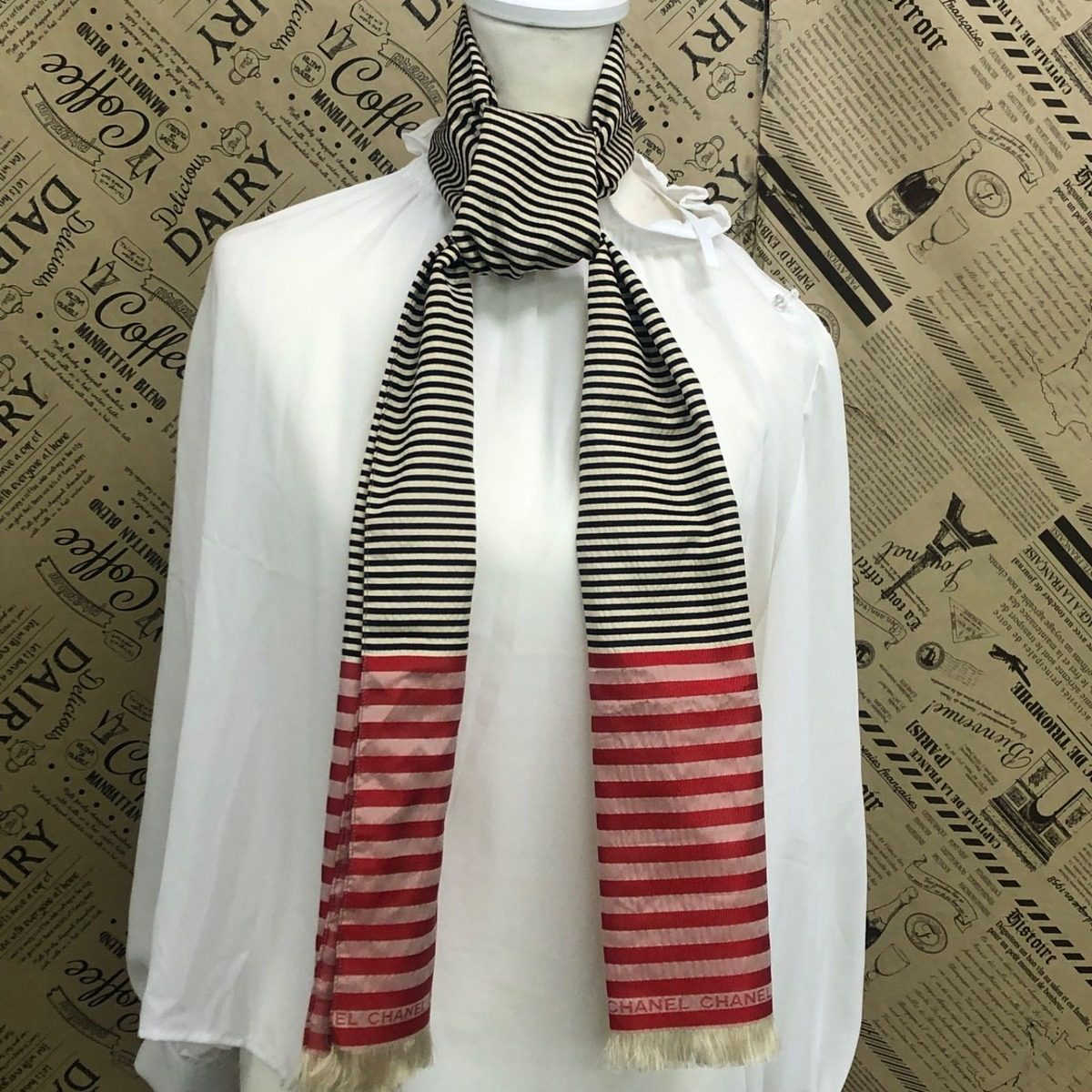Chanel Shawl Scarf Striped Red CC Logo — view 5