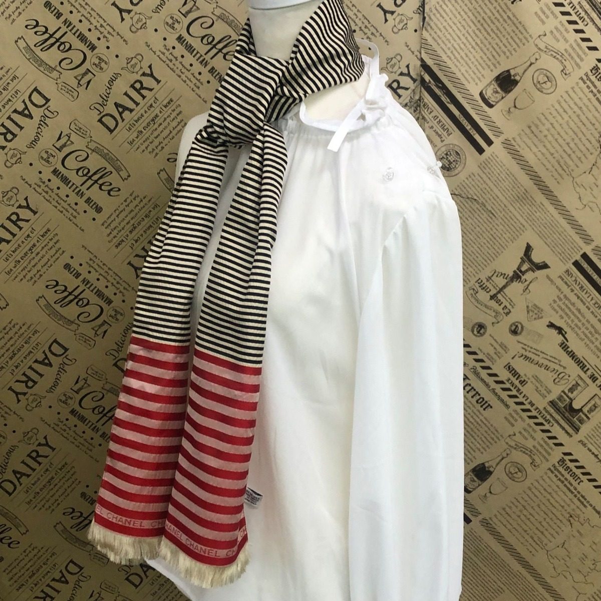 Chanel Shawl Scarf Striped Red CC Logo — view 7