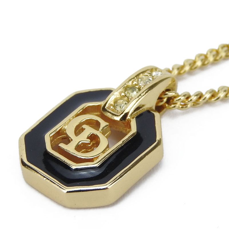 Christian Dior Necklace Metal Gold Black Accessories Logo Rhinestone Ladies