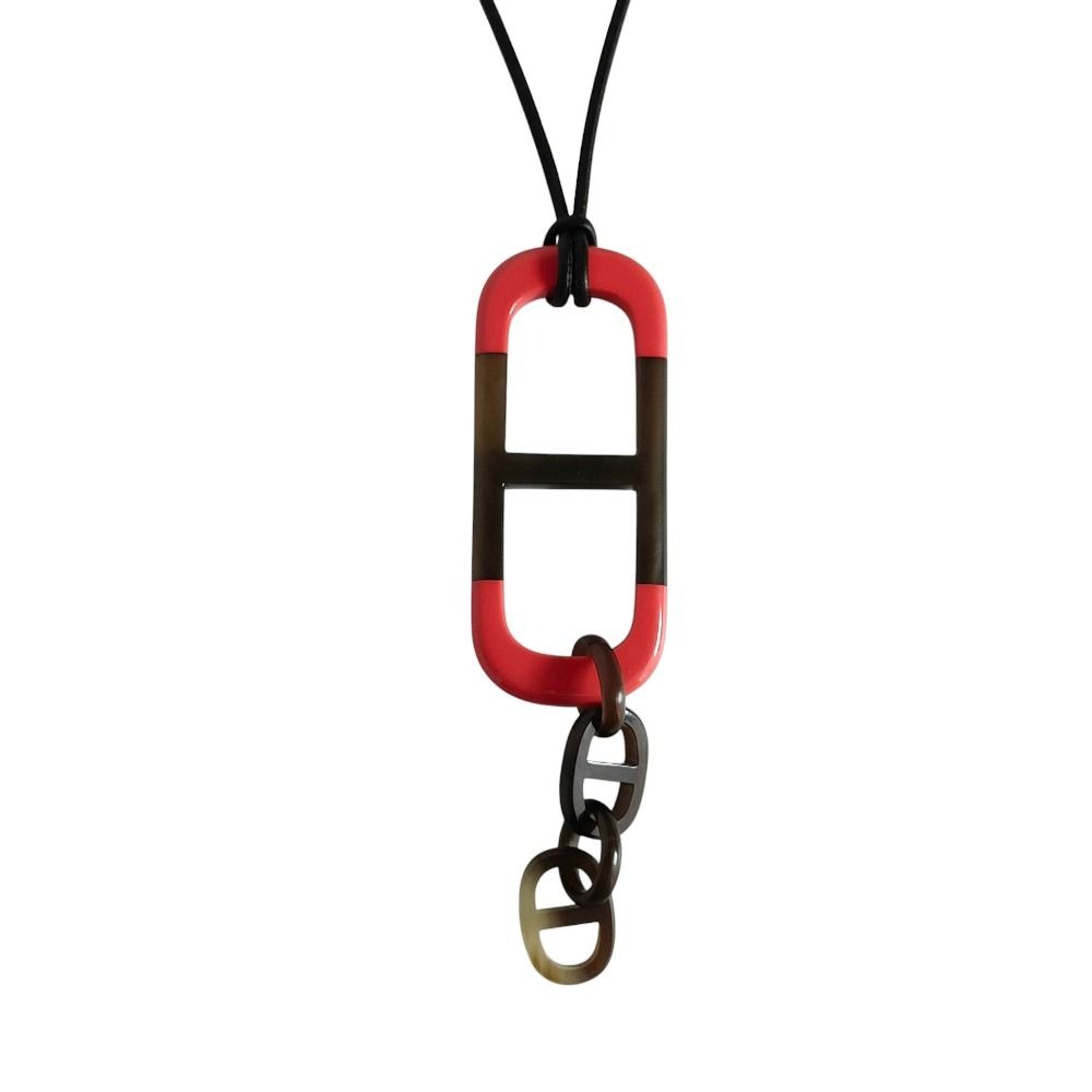 Hermes Amar Buffalo Horn Leather Cord Pendant Necklace Red Brown