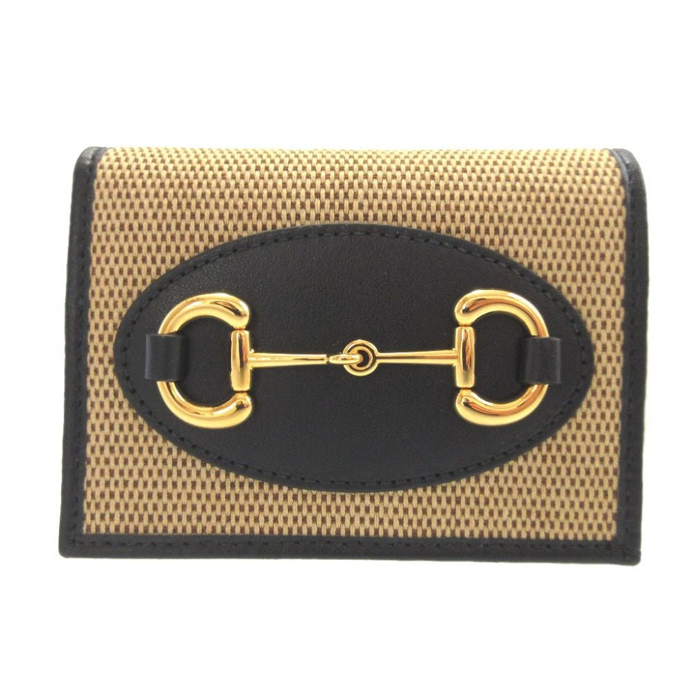 Gucci Horsebit Canvas Leather Beige Black Bifold Wallet