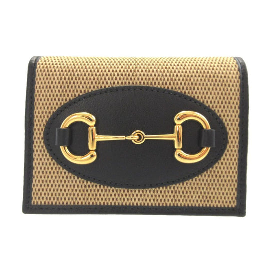 Gucci Horsebit Canvas Leather Beige Black Bifold Wallet