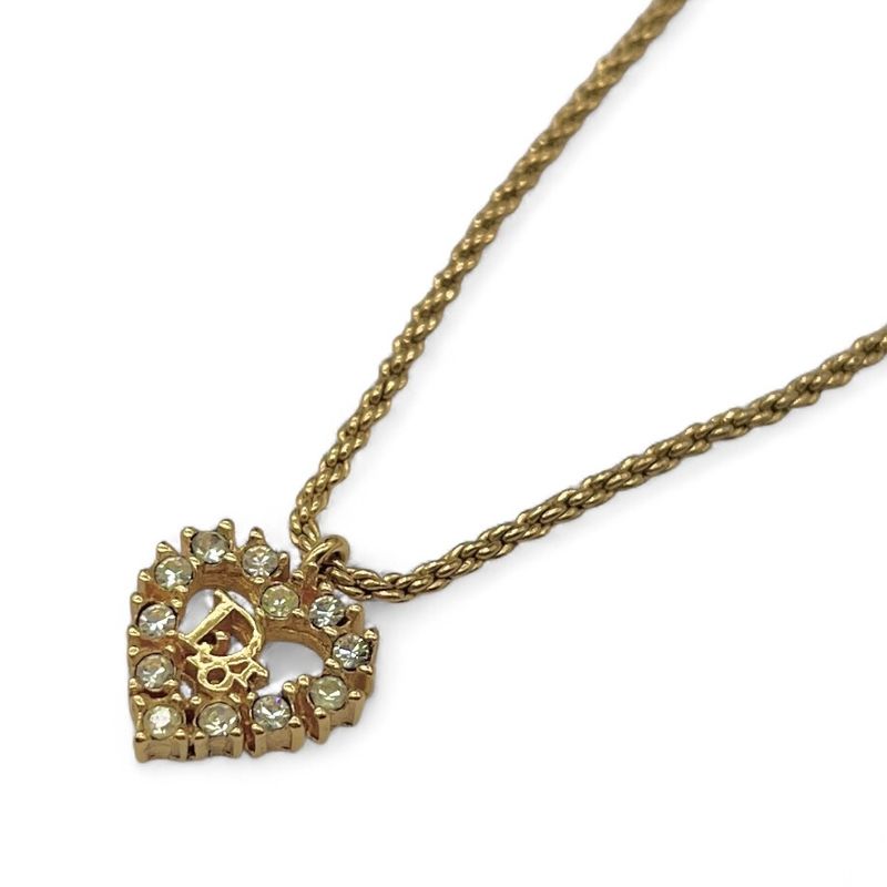 Christian DIOR Necklace Heart Rhinestone Gold Plated Gold