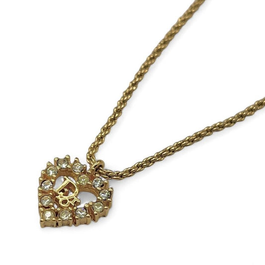 Christian DIOR Necklace Heart Rhinestone Gold Plated Gold