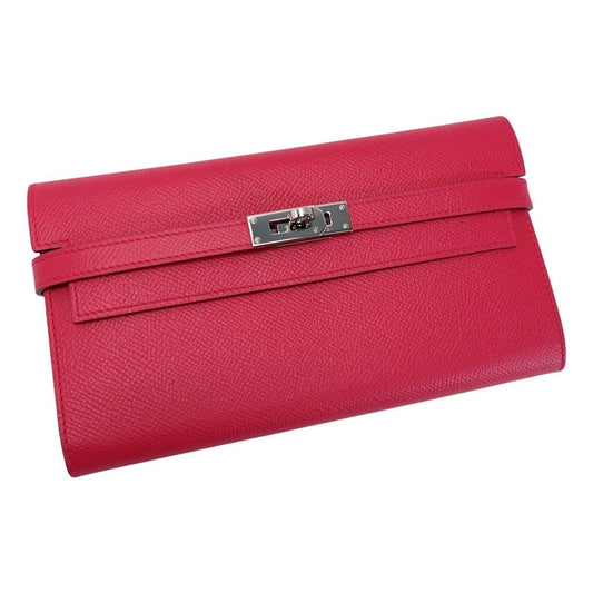 Hermes Kelly Vaux Epson a Engraved Rose Tyrian Long Wallet Silver