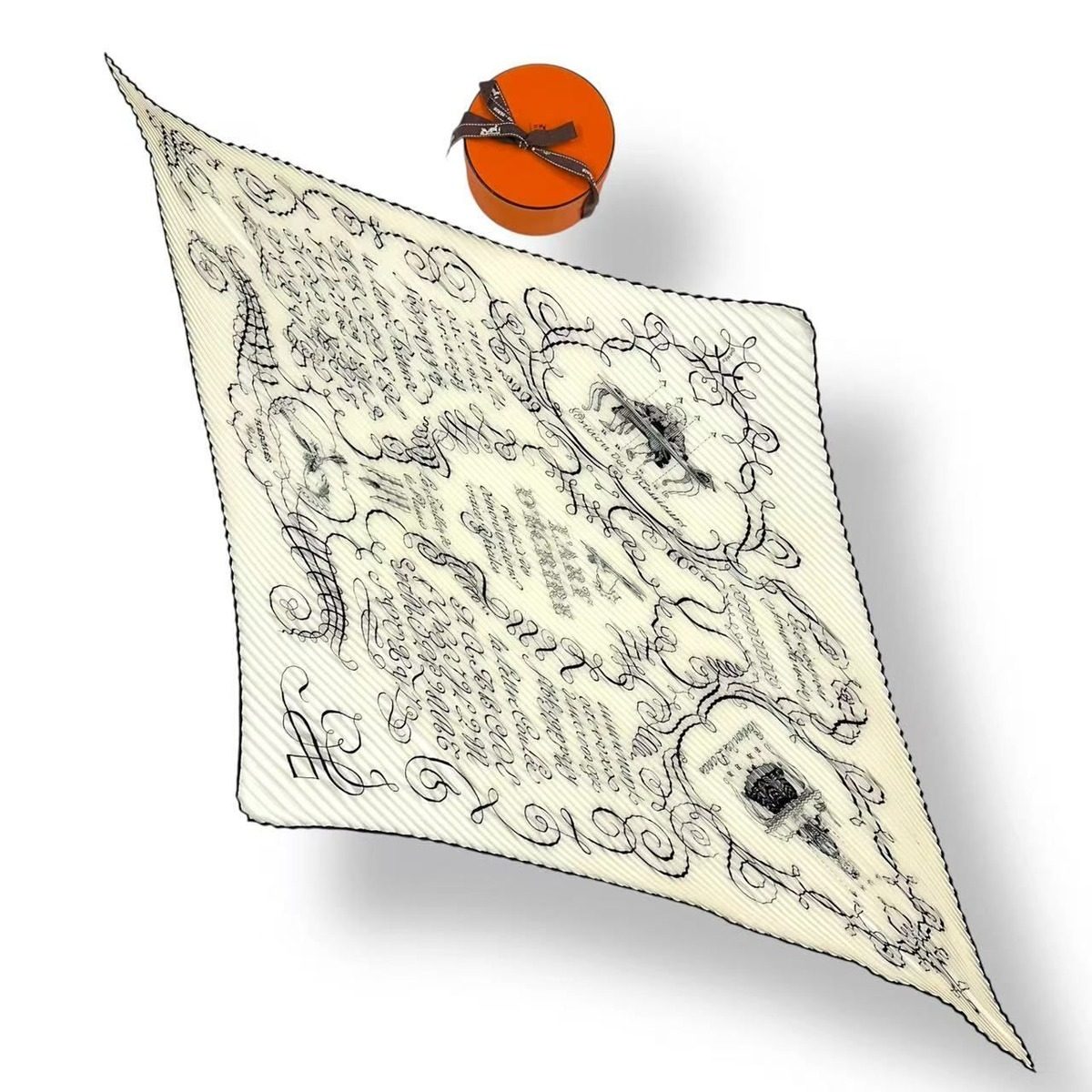 Hermes Scarf Silk Pleats Lart Decrire Art of Calligraphy White