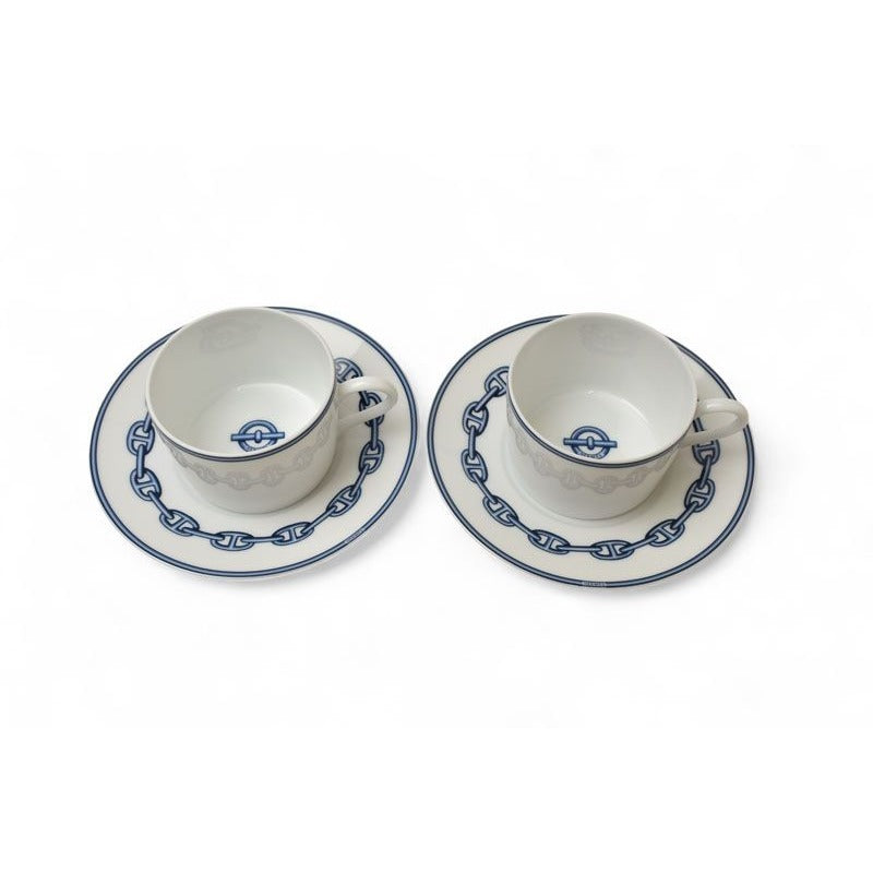 Hermes Set Of 2 Cups And Saucers Pottery Chaine D'ancre Blue White