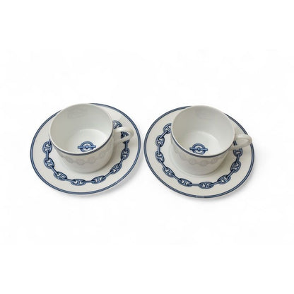 Hermes Set Of 2 Cups And Saucers Pottery Chaine D'ancre Blue White