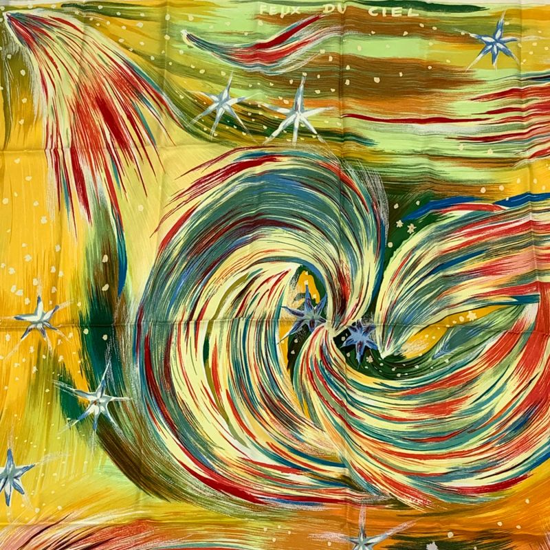 Hermes Carre 90 FEUX DU CIEL Heavenly Fire Scarf 100% Silk Orange Multicolor