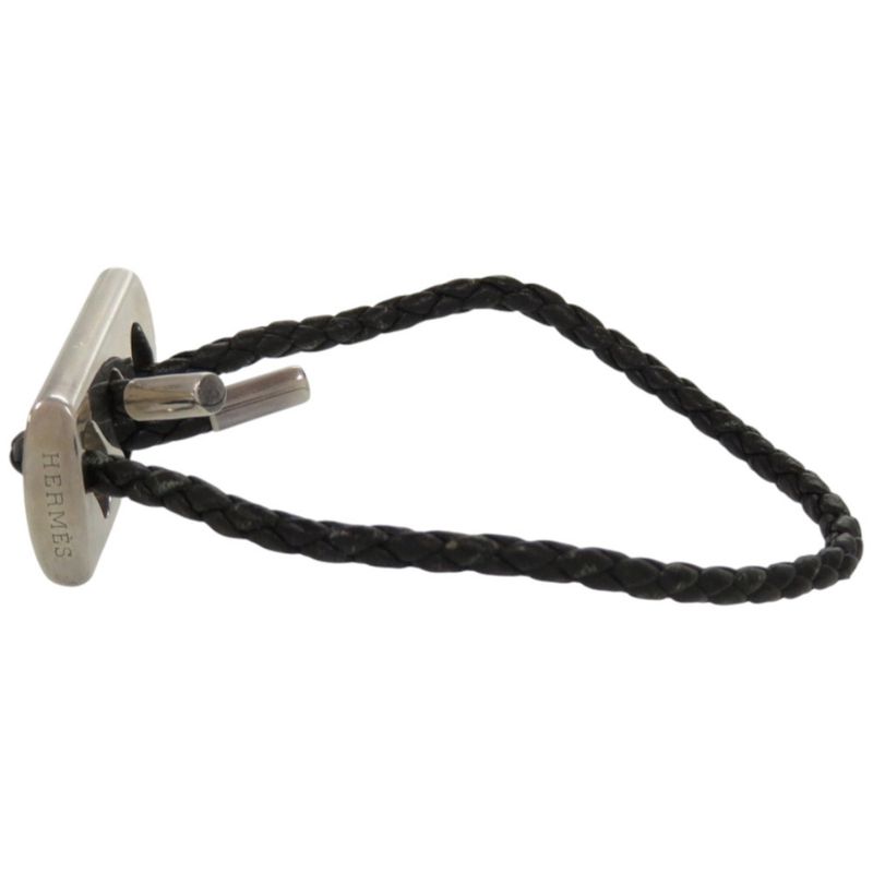 Hermes Leather Silver 925 Black Silver Hardware Black Bracelet 1124 Hermes