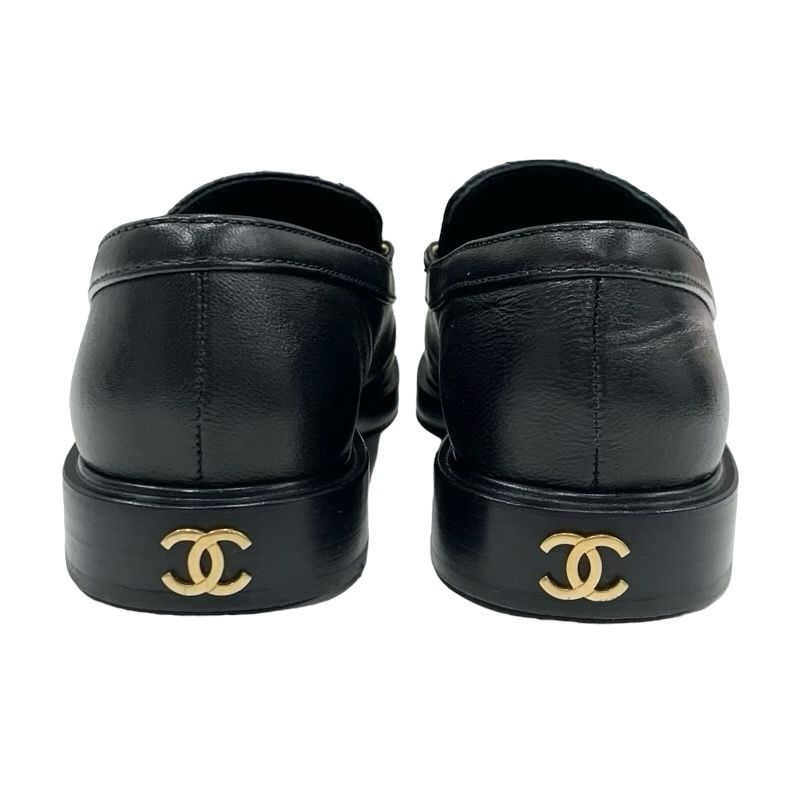Chanel Loafer Leather Shoes Leather Black Gold Here Mark Chain Matelasse Pearl