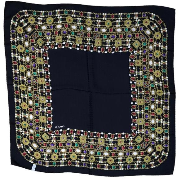 Chanel Gripoix Pattern CC Logo Scarf Silk 100% Black