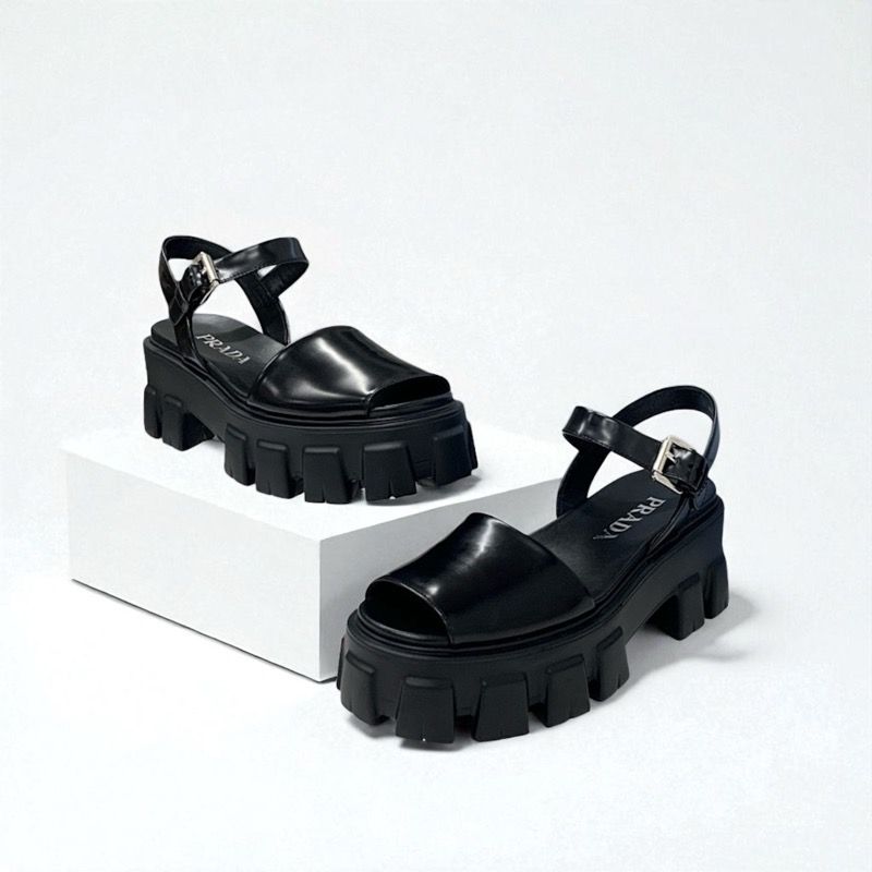 Prada Monolith Sandals Shoes Leather Black Logo Platform Strap