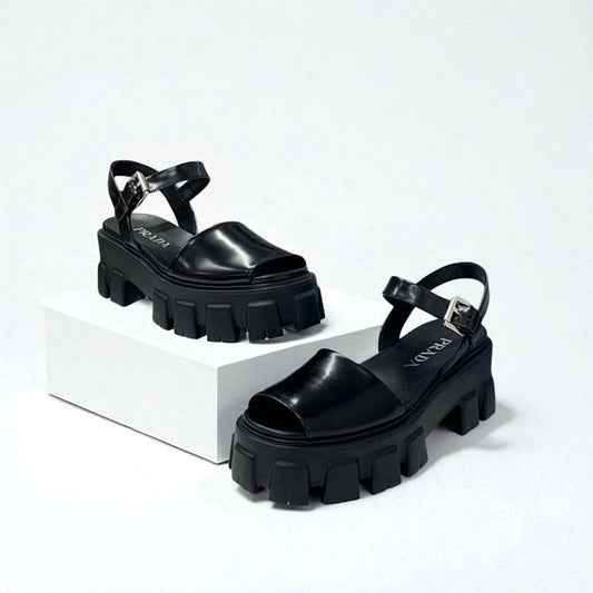 Prada Monolith Sandals Shoes Leather Black Logo Platform Strap