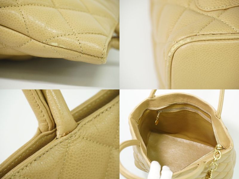 Authentic Chanel Coco Mark Revival Tote Handbag Caviar Skin Leather Beige Coco