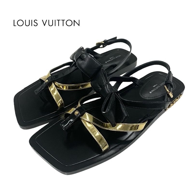 Louis Vuitton Peplum Line Sandals Shoes Leather Black Gold Black Ribbon Flat