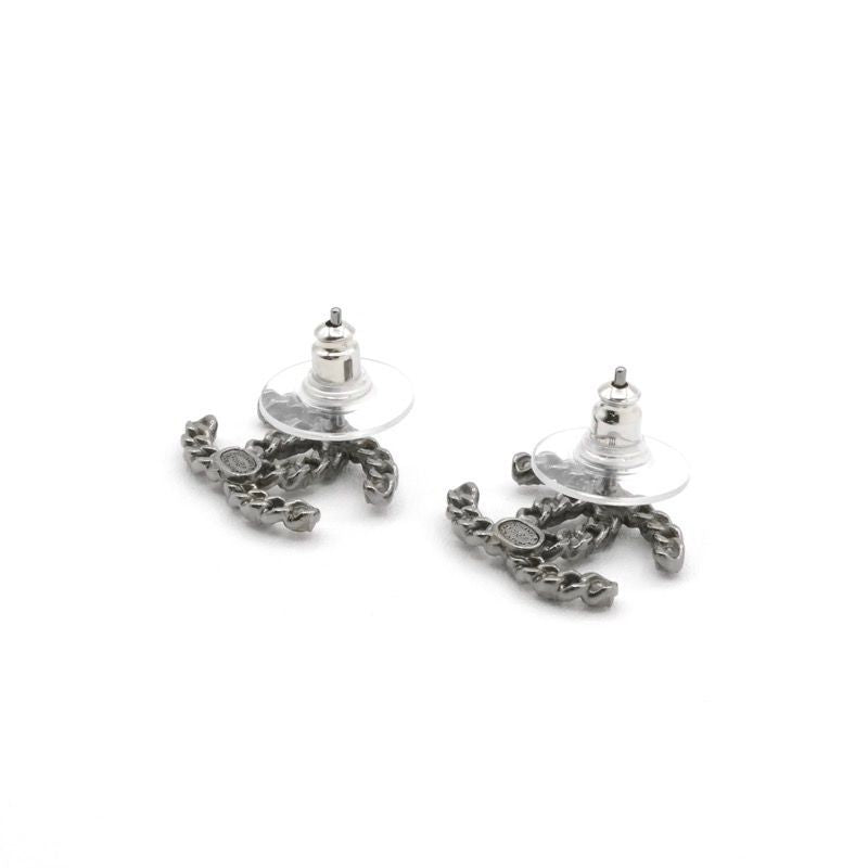 Chanel Earrings Earring Silver Black Coco Mark Rhinestone