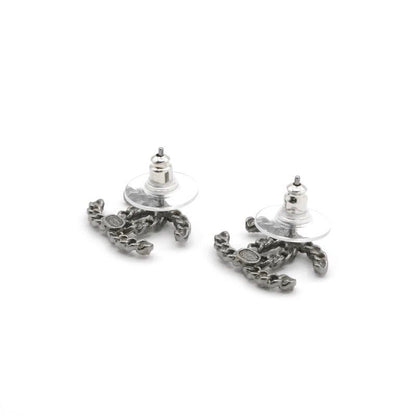 Chanel Earrings Earring Silver Black Coco Mark Rhinestone
