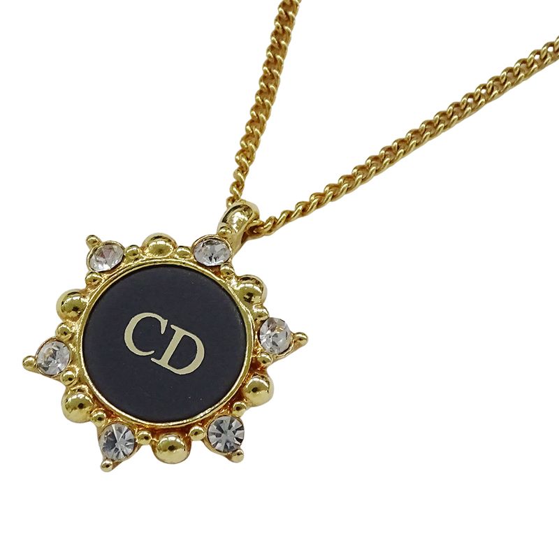 Dior Necklace Women's Branded Rhinestone Plated Gold Black CD Logo Accessory