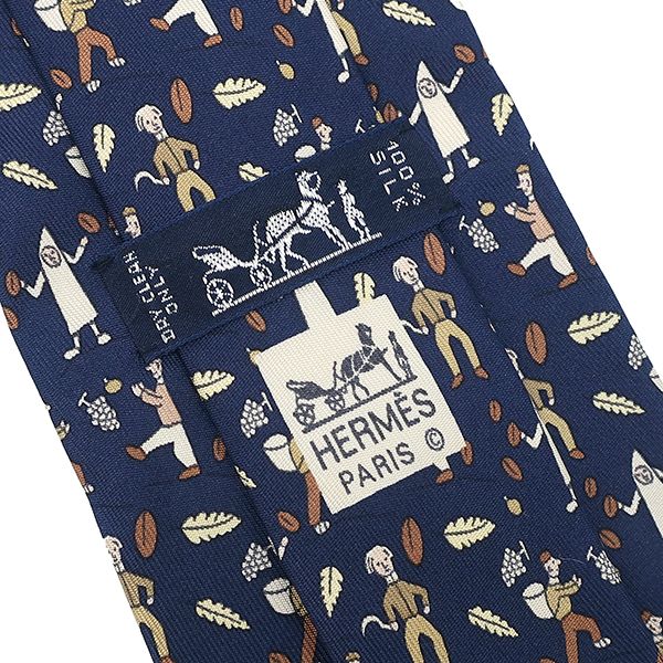 Hermes Necktie Fruit Picking Fallen Leaves 9cm (3.54in) Silk Blue and Brown