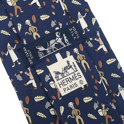 Hermes Necktie Fruit Picking Fallen Leaves 9cm (3.54in) Silk Blue and Brown