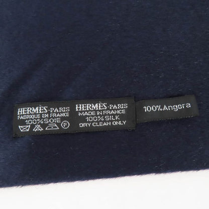 Hermes Silk Angora Ikari Pattern Fringed Shawl Scarf Stole Scarf Navy With Box