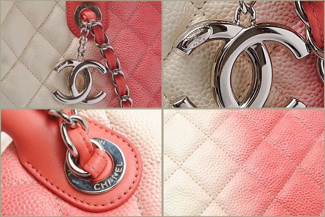 Chanel Tote Shoulder Bag Coral Pink Ivory Caviar Skin 2-way
